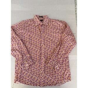 MBX Men's 100% cotton pink/orange/white print button up shirt, XL/tall
